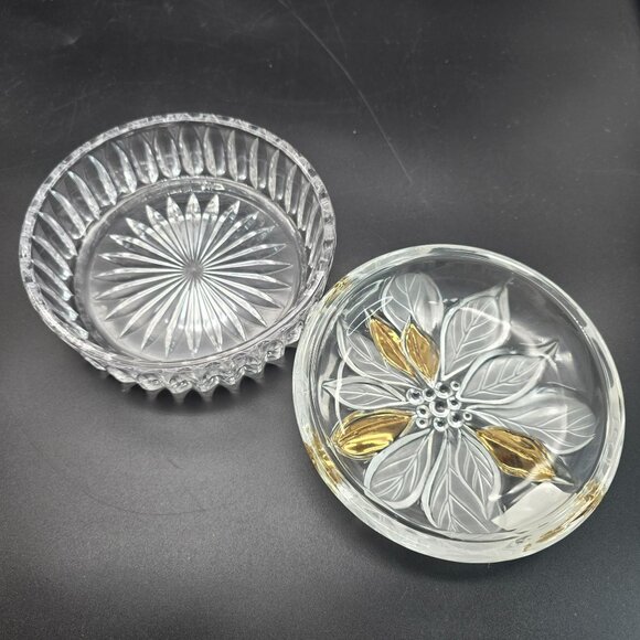 Studio Nova Crystal Dish Golden Poinsettia Floral Lid Japan JJ3974 - Picture 5 of 7